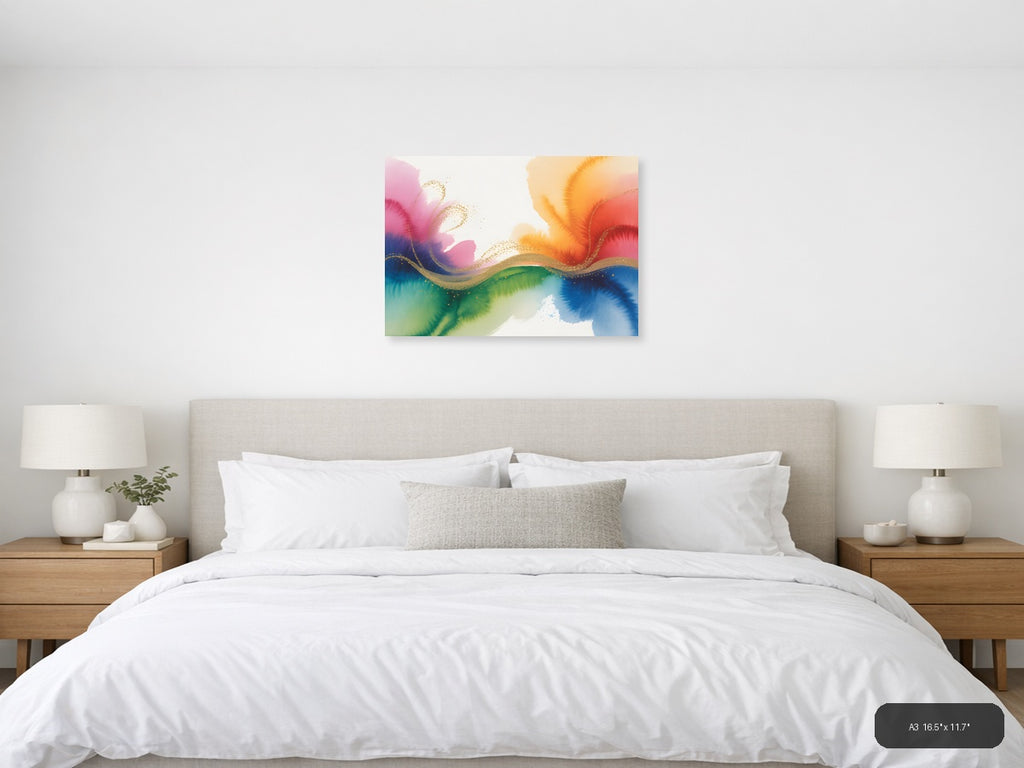 Colorful Watercolor Wave with Gold Accents Wall Art — A3 / Bedroom