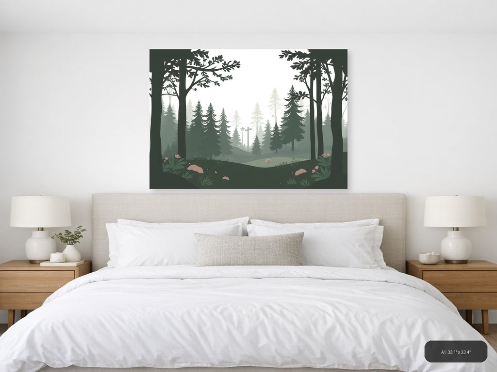 Misty Forest Cross Minimalist Landscape Wall Art — A1 / Bedroom