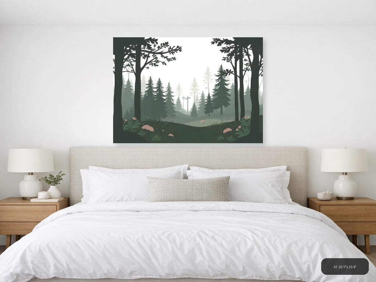 Misty Forest Cross Minimalist Landscape Wall Art — A1 / Bedroom