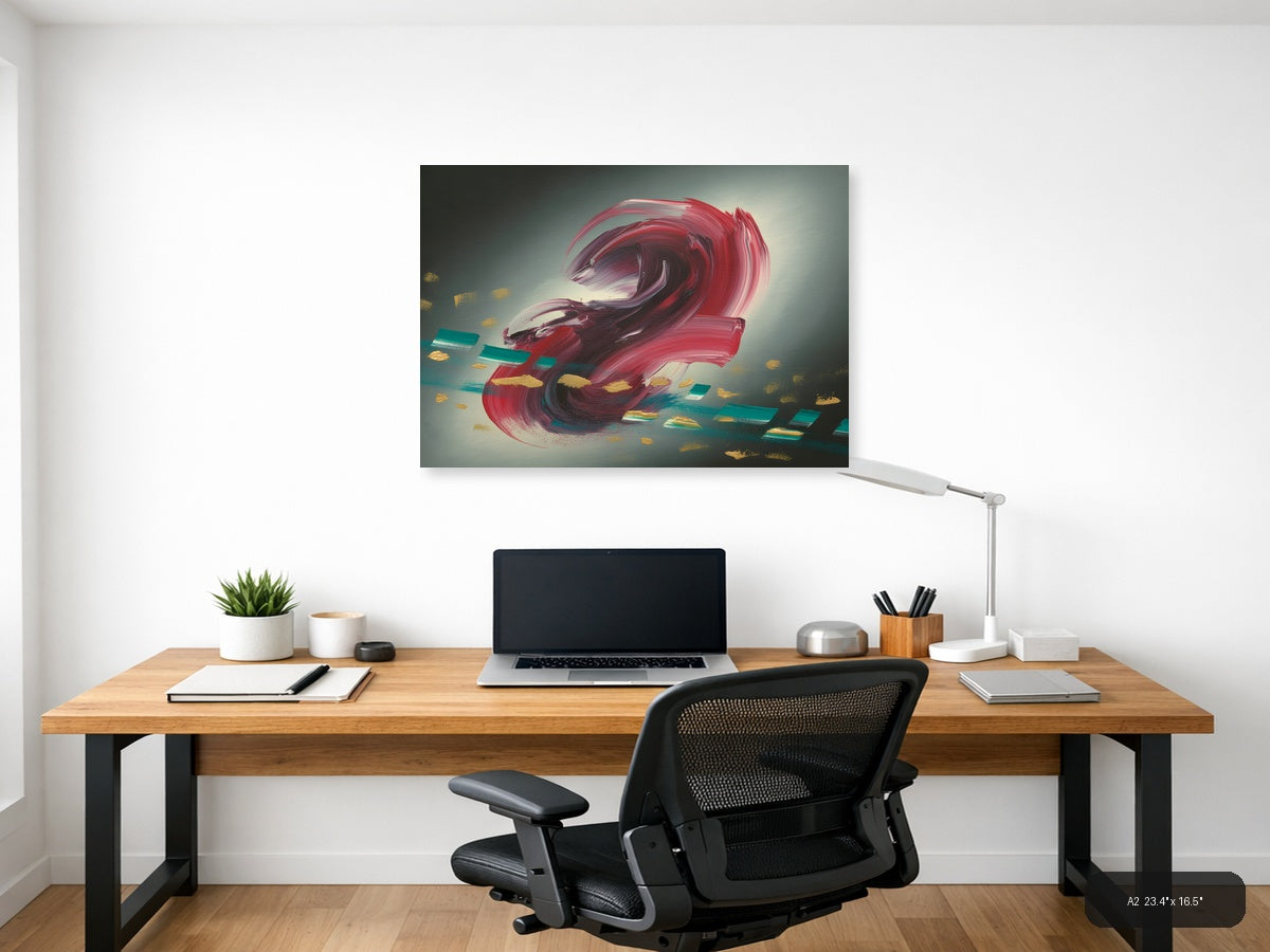 Red Abstract Swirl with Gold Accents Modern Wall Art — A2 / Office