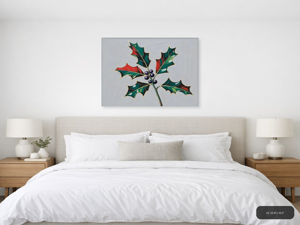 Holly Berries Christmas Botanical Illustration Wall Art — A2 / Bedroom