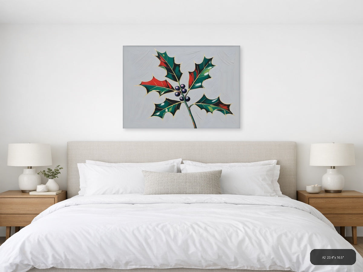Holly Berries Christmas Botanical Illustration Wall Art — A2 / Bedroom