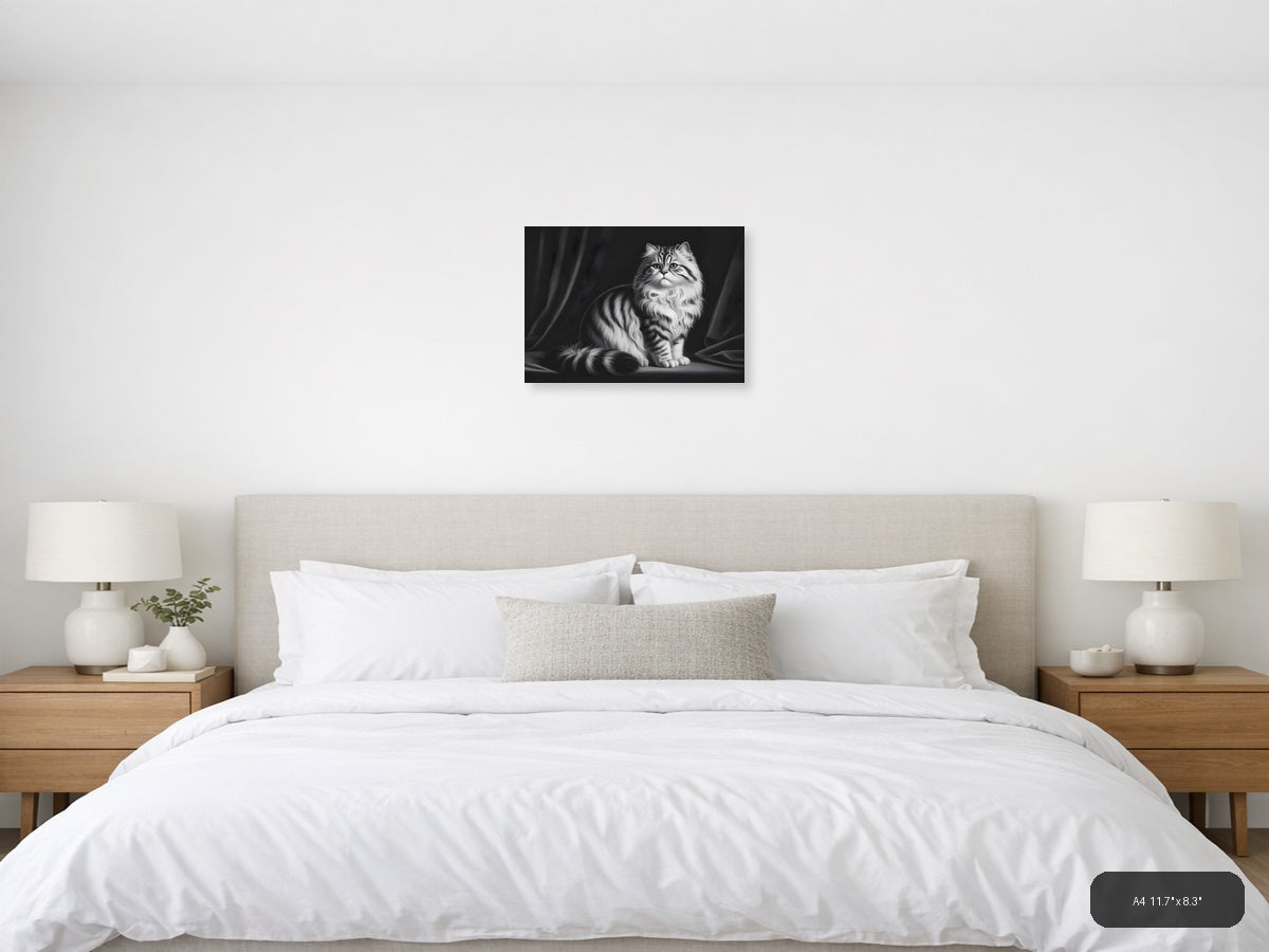 Fluffy Tabby Cat Black and White Photography Wall Art — A4 / Bedroom