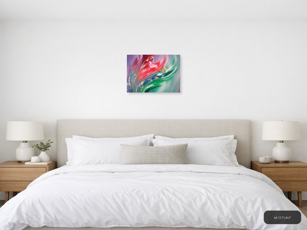 Red & Green Flowing Abstract Brushstroke Modern Wall Art — A4 / Bedroom