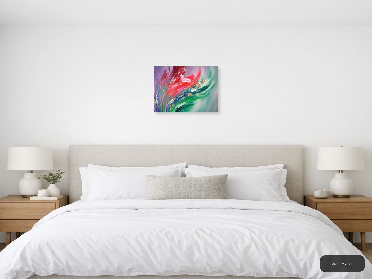 Red & Green Flowing Abstract Brushstroke Modern Wall Art — A4 / Bedroom