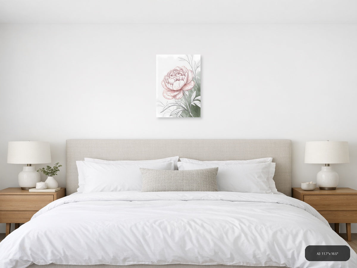 Pink Peony Line Art with Green Leaves Wall Art — A3 / Bedroom