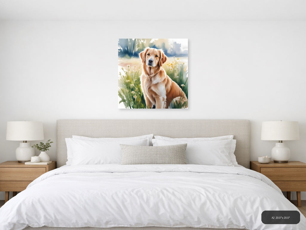 Golden Retriever in Wildflowers Watercolor Wall Art — A2 / Bedroom