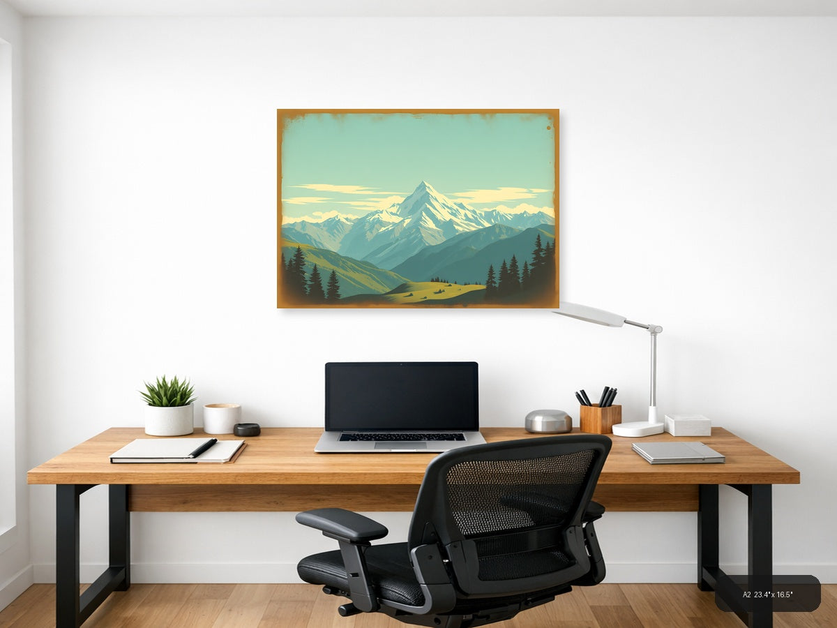 Snow-Capped Mountain Peak Vintage Landscape Wall Art — A2 / Office