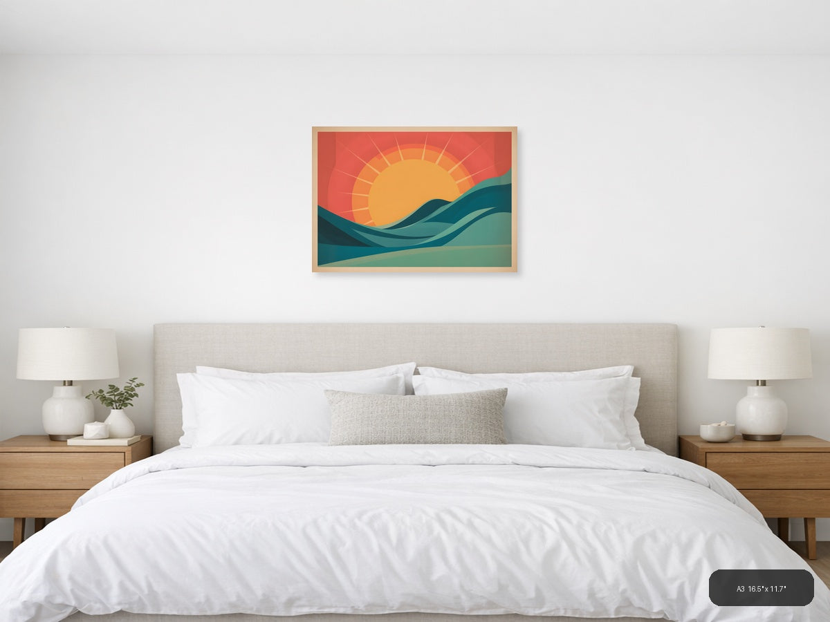 Vintage Sunrise Over Ocean Waves Wall Art — A3 / Bedroom
