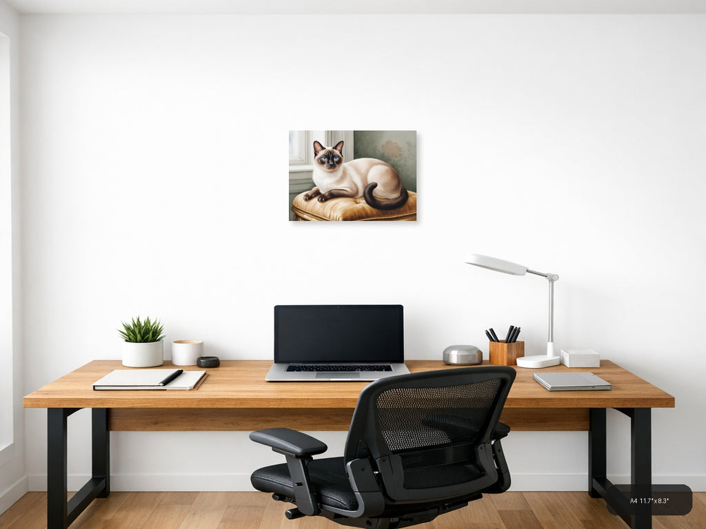 Siamese Cat on Gold Cushion Watercolor Wall Art — A4 / Office