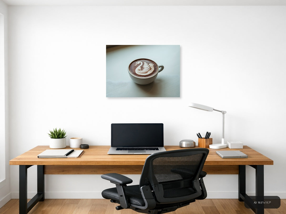 Minimalist Swan Latte Art Coffee Cup Wall Art — A3 / Office