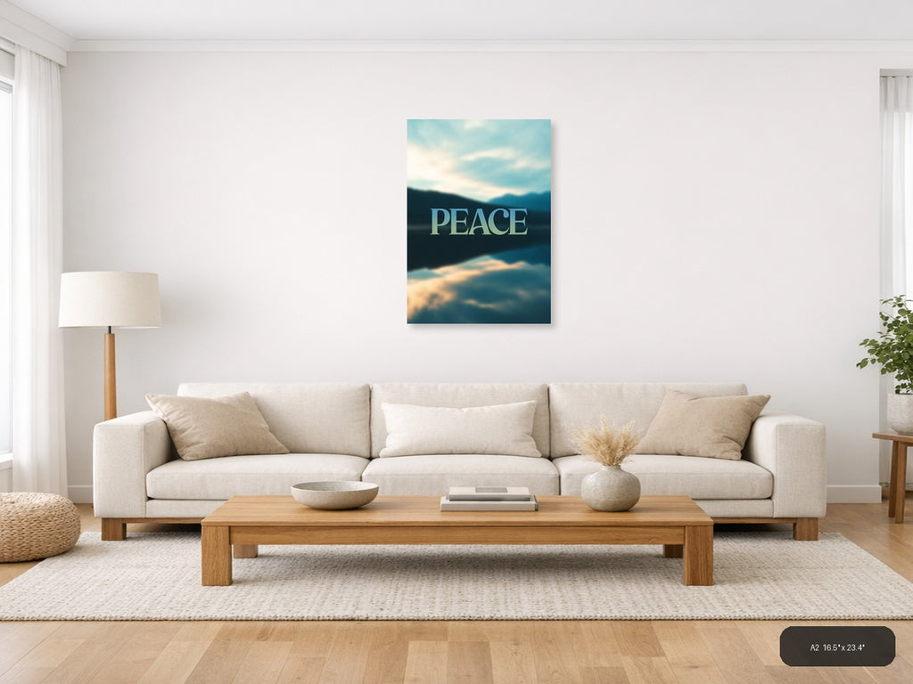 Peace Typography Mountain Lake Landscape Wall Art — A2 / Living Room