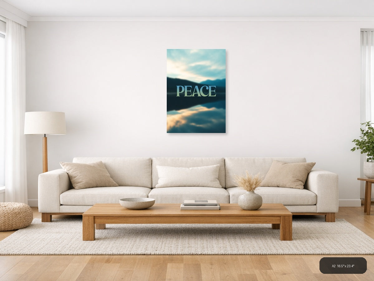 Peace Typography Mountain Lake Landscape Wall Art — A2 / Living Room