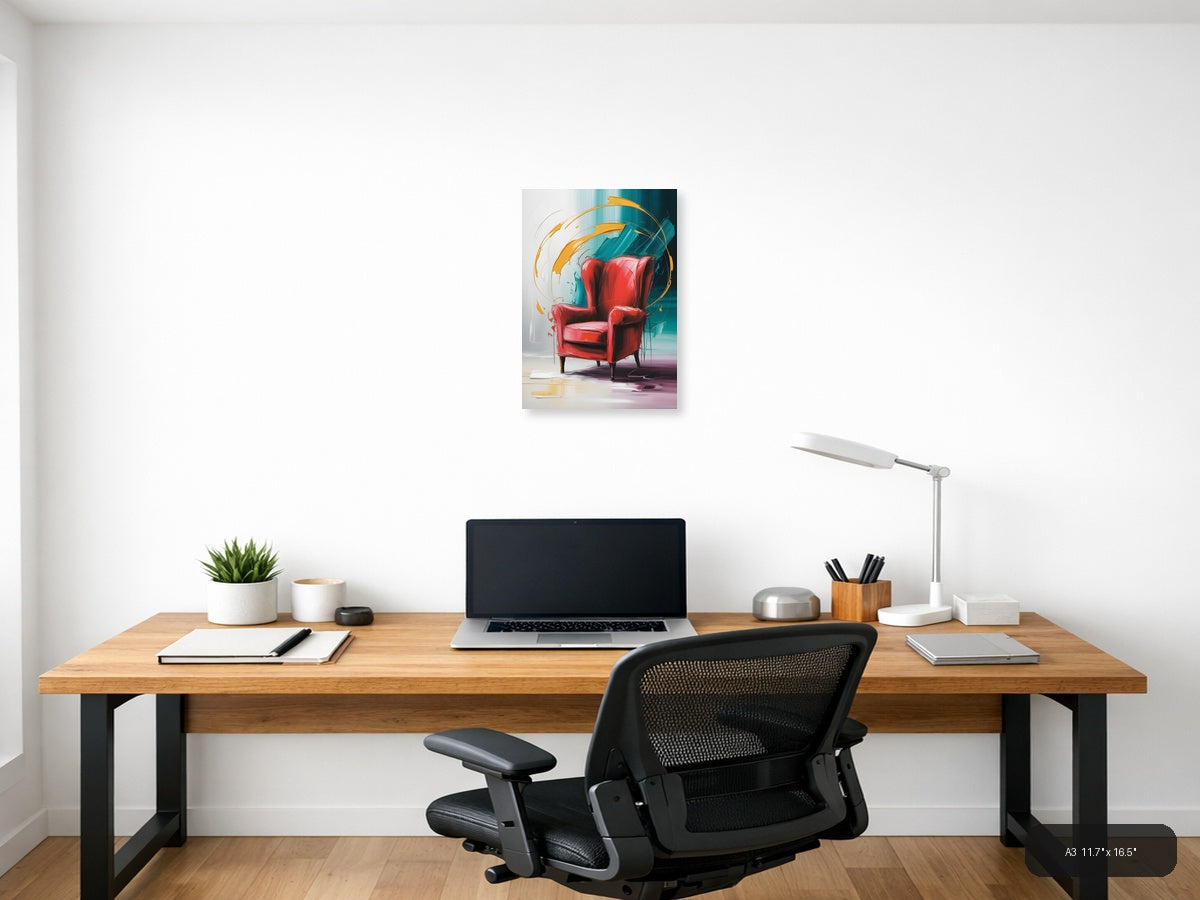 Red Chair Abstract Motion Teal Orange Wall Art — A3 / Office