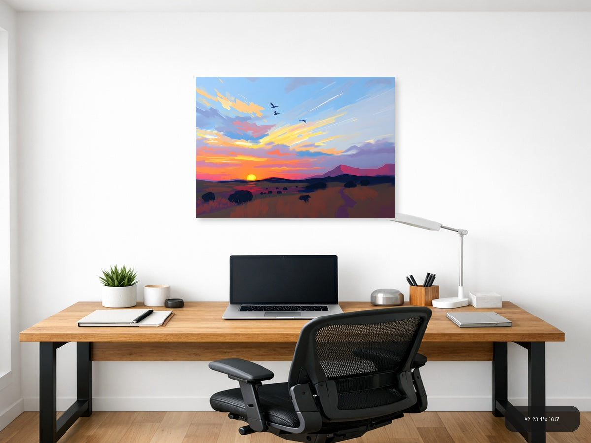 Abstract Sunset Desert Landscape with Flying Birds Wall Art — A2 / Office