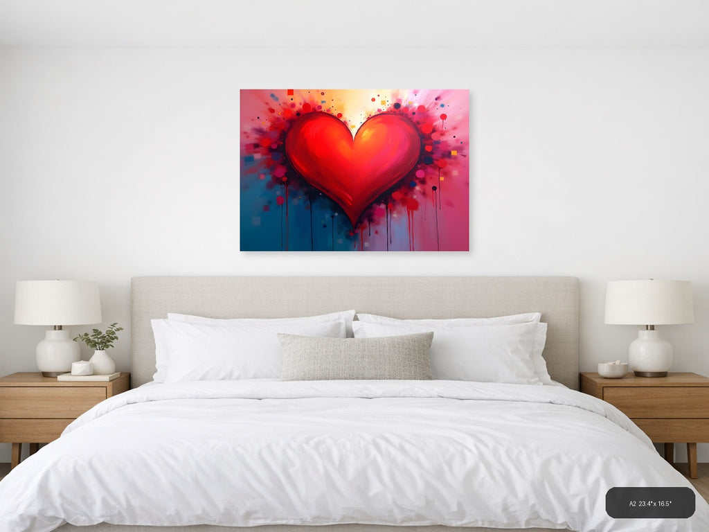 Red Heart Abstract Explosion Splatter Wall Art — A2 / Bedroom