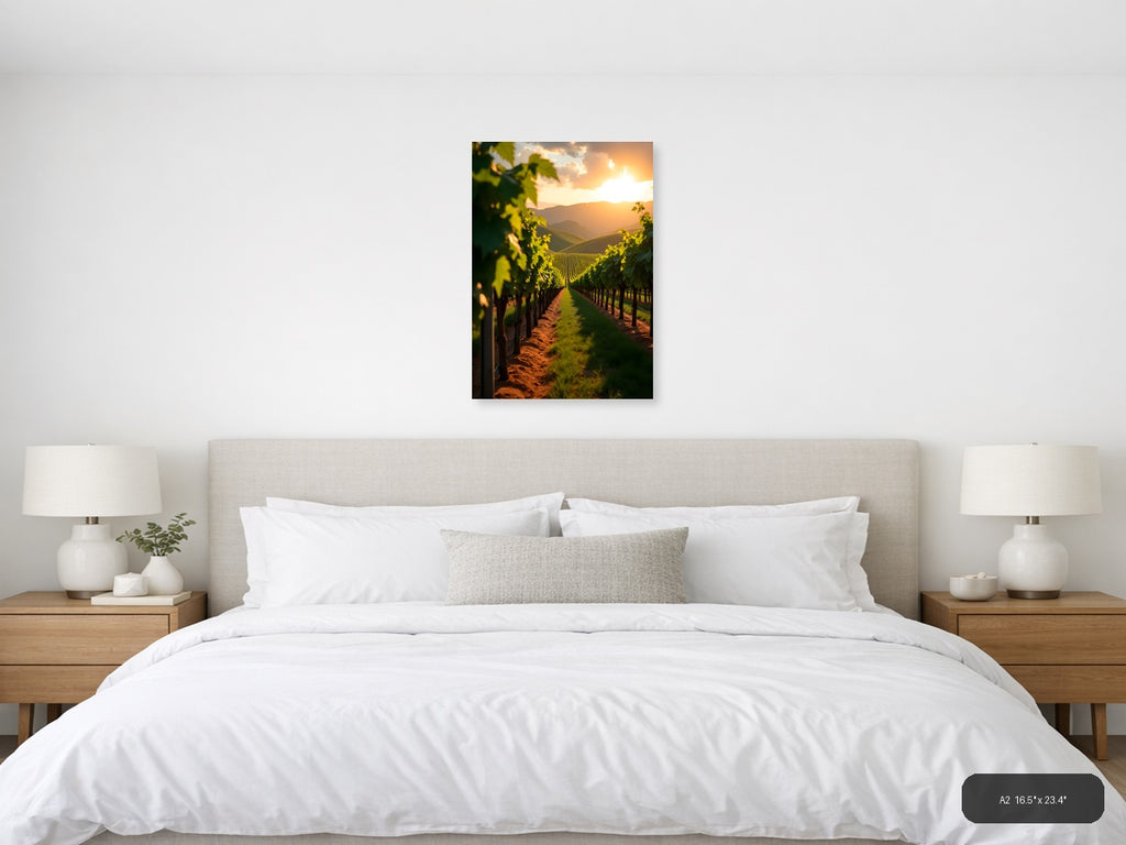 Golden Sunset Vineyard Rows Photography Wall Art — A2 / Bedroom