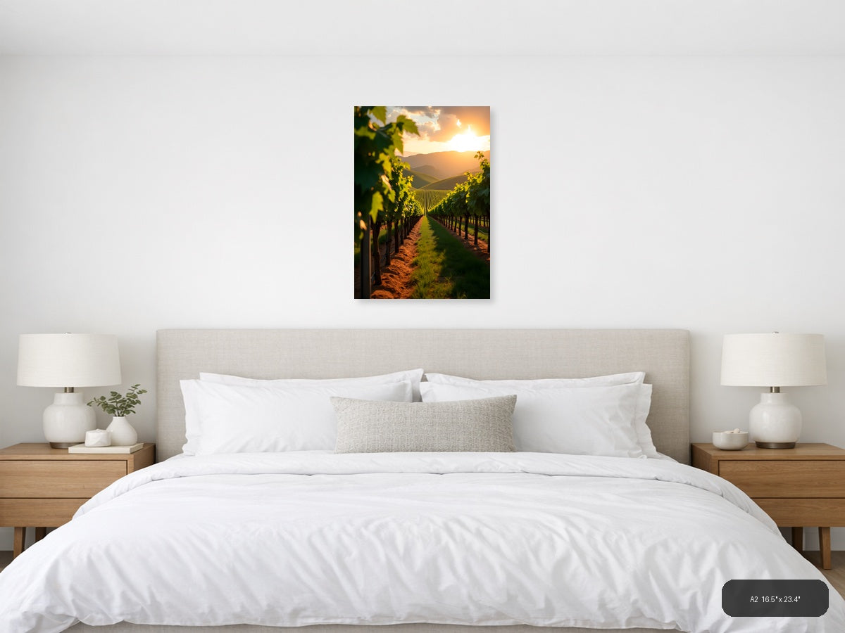 Golden Sunset Vineyard Rows Photography Wall Art — A2 / Bedroom