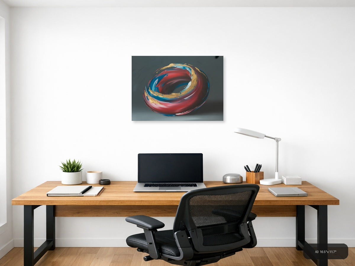 Red Blue Gold Abstract Swirl Circle Modern Wall Art — A3 / Office