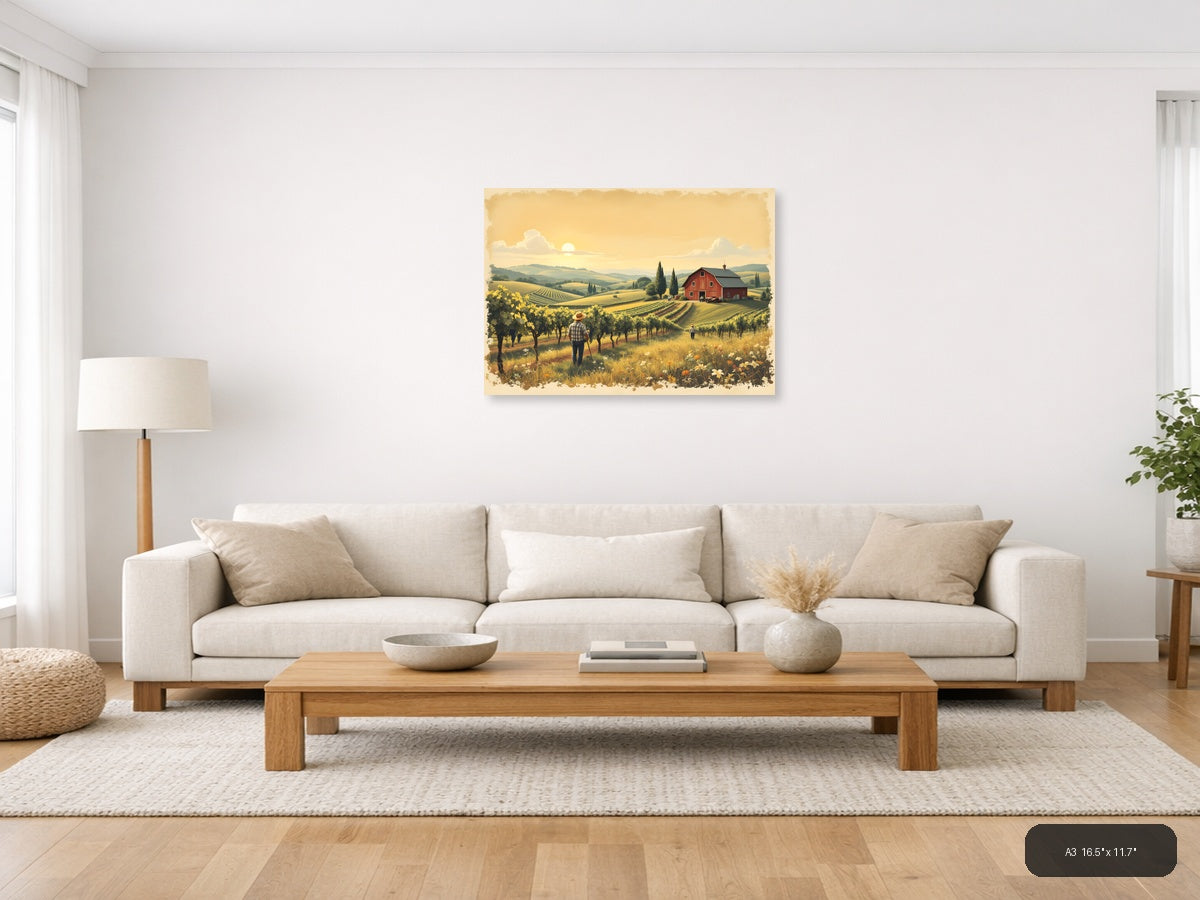 Vintage Vineyard Farm Landscape with Red Barn Wall Art — A3 / Living Room