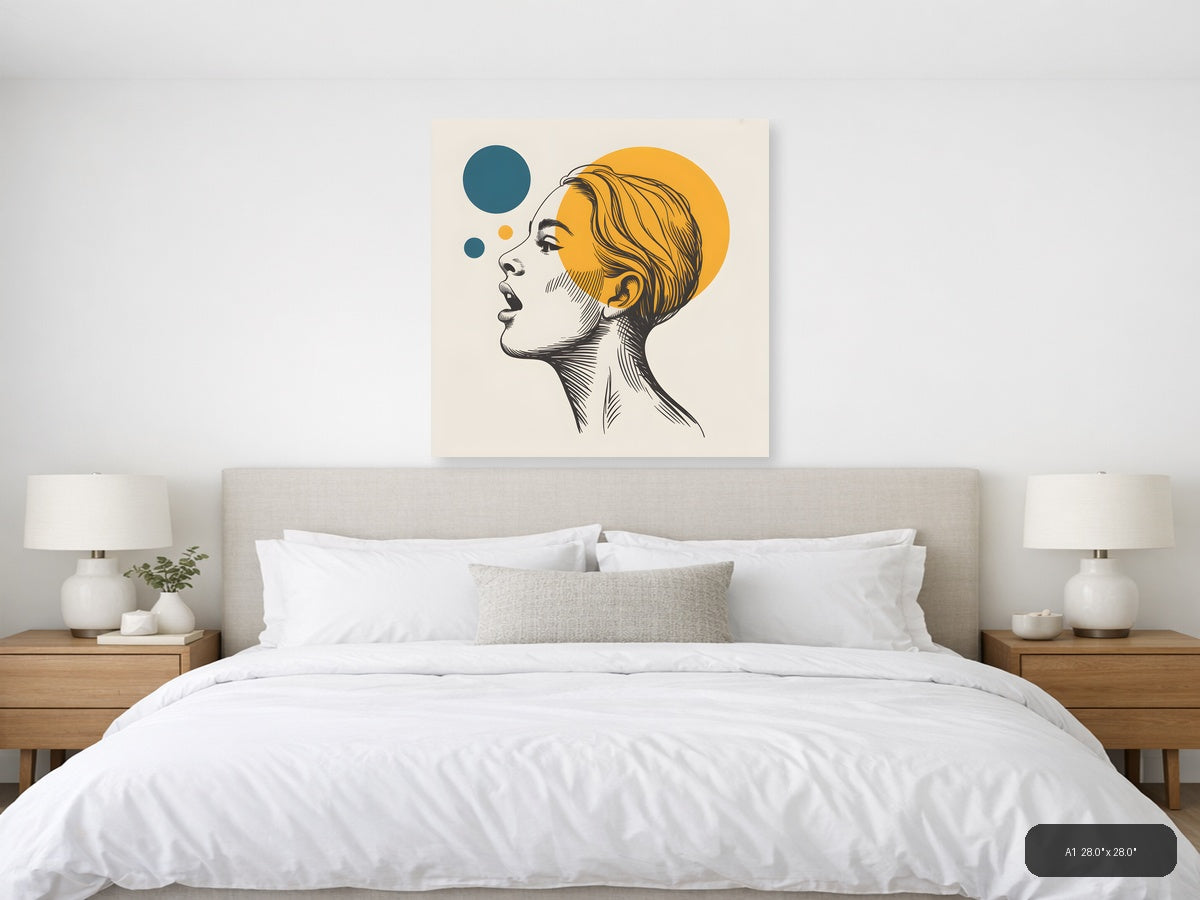 Modern Line Art Portrait with Yellow Circle Wall Art — A1 / Bedroom