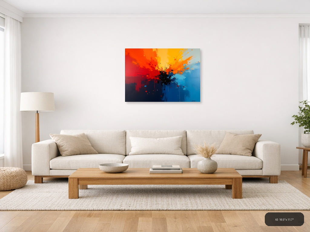 Abstract Explosion Blue Orange Red Splatter Wall Art — A3 / Living Room
