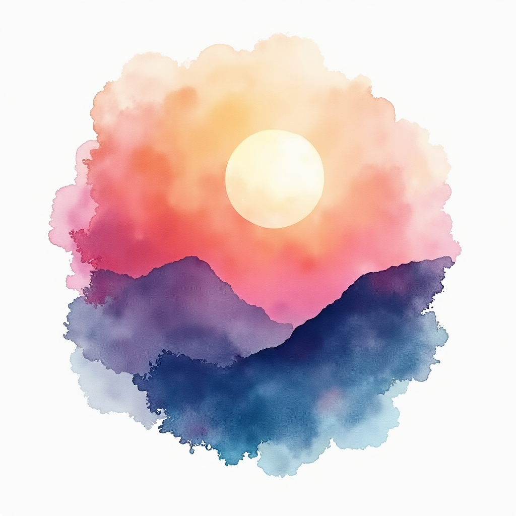 Watercolor Mountain Sunset with Moon Wall Art