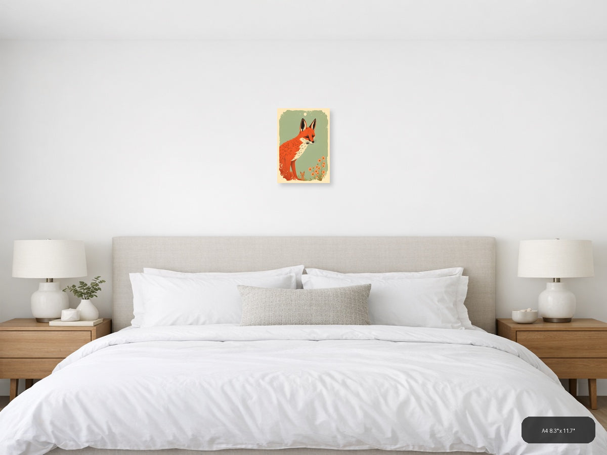 Red Fox and Cat Vintage Botanical Wall Art — A4 / Bedroom