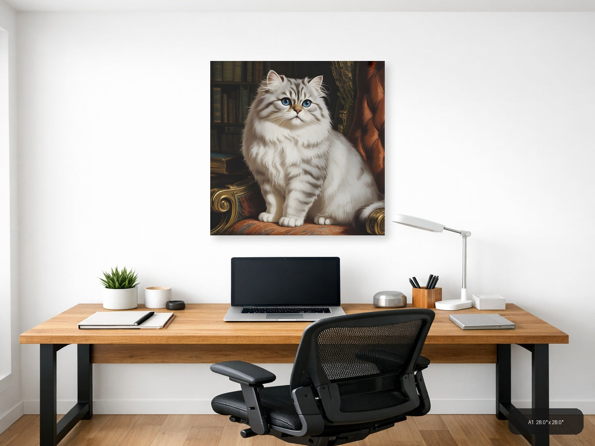 Vintage White Persian Cat Blue Eyes Library Wall Art — A1 / Office