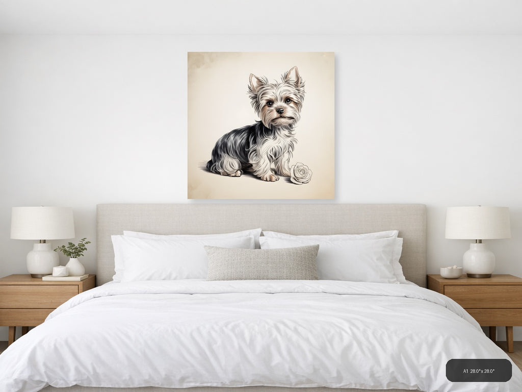 Cute Terrier with Rose Line Art Wall Art — A1 / Bedroom