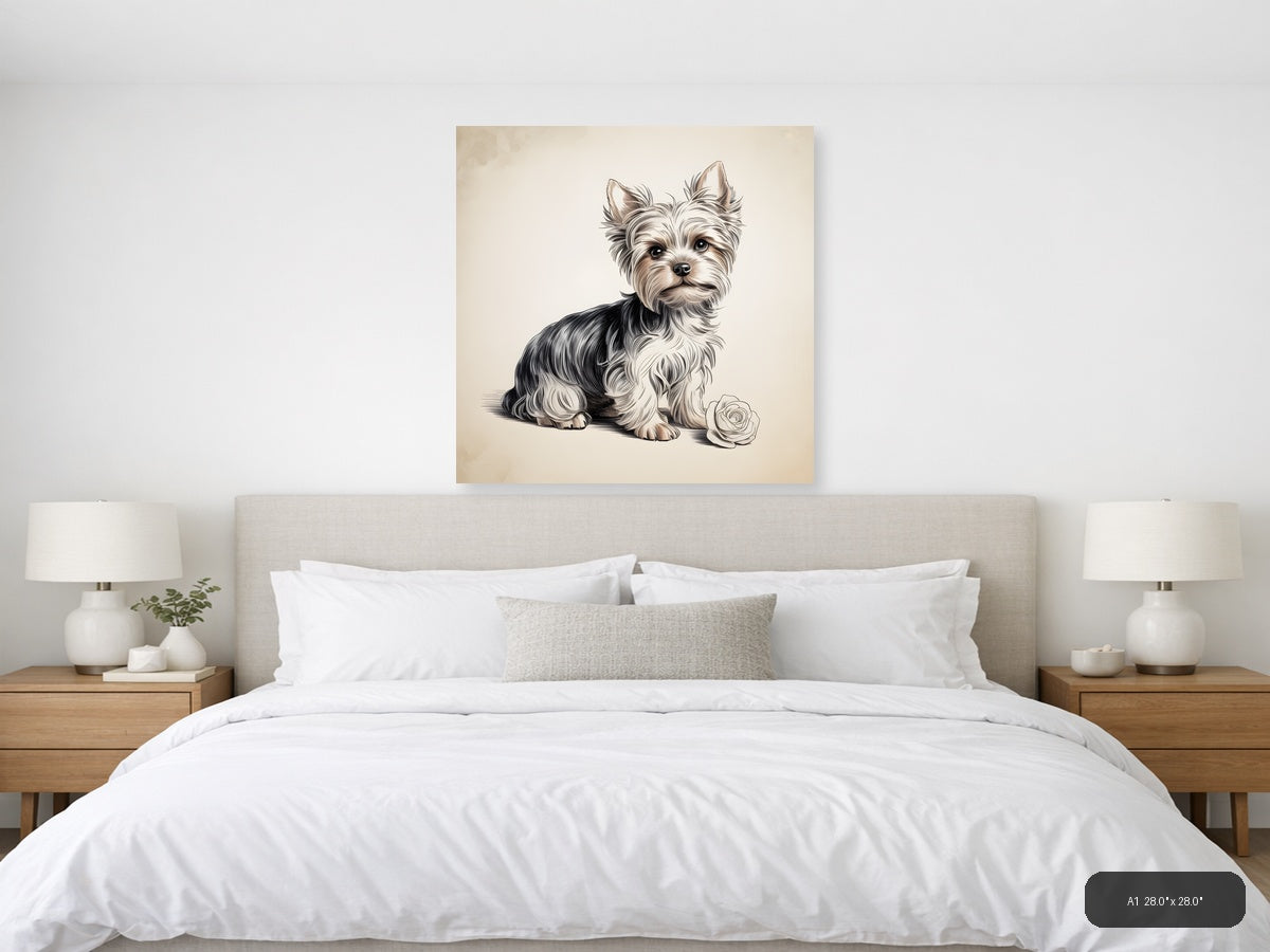 Cute Terrier with Rose Line Art Wall Art — A1 / Bedroom
