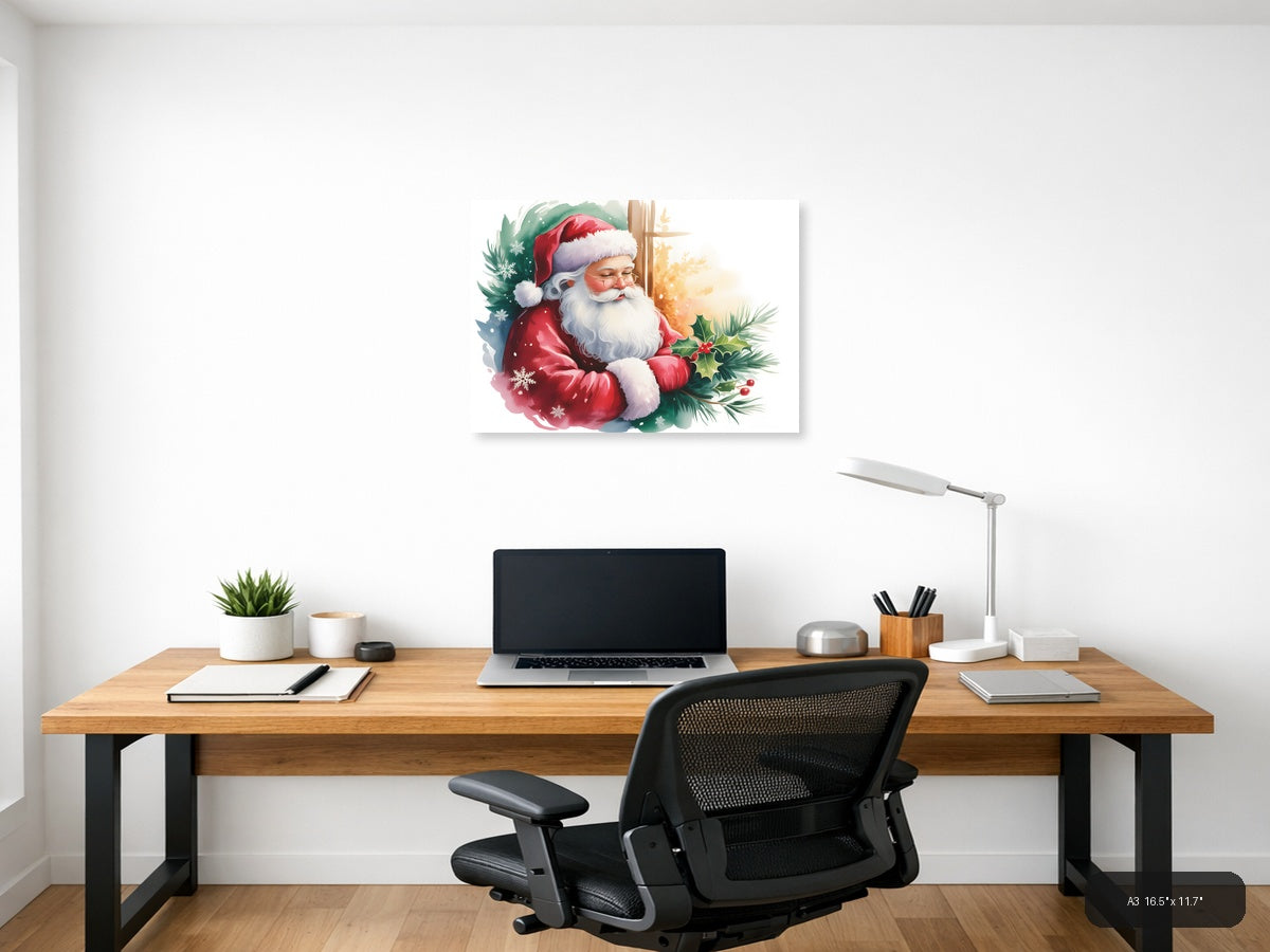 Santa Claus with Holly & Snowflakes Watercolor Wall Art — A3 / Office