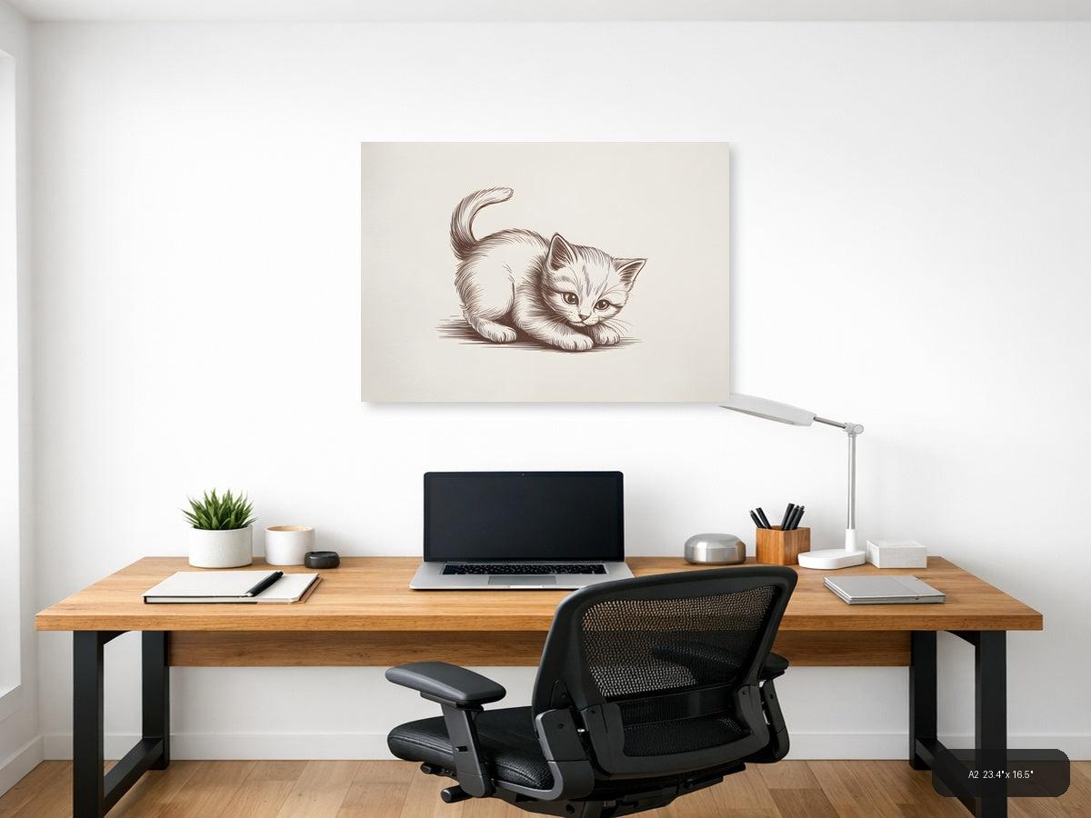 Playful Kitten Line Art Drawing Wall Art — A2 / Office