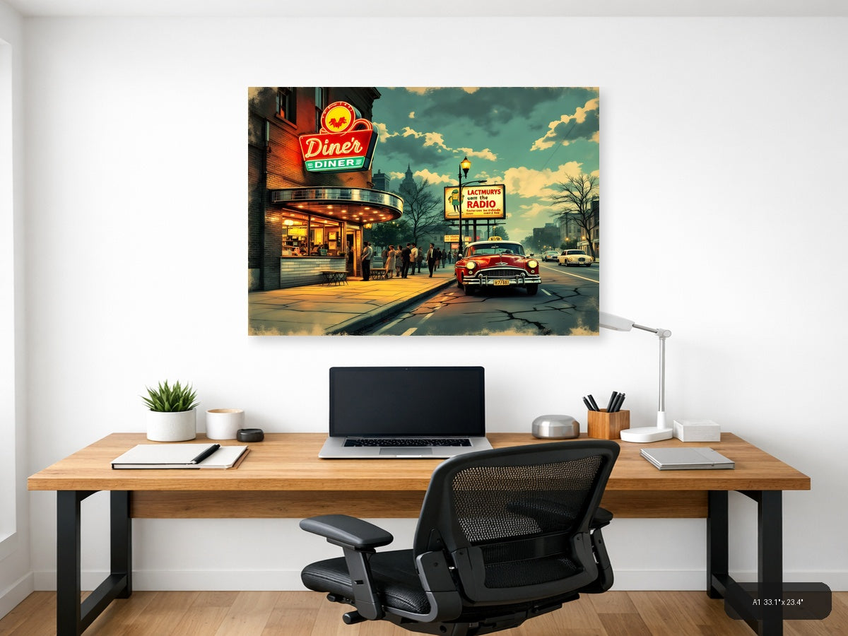 Vintage Diner Street Scene Retro Americana Wall Art — A1 / Office