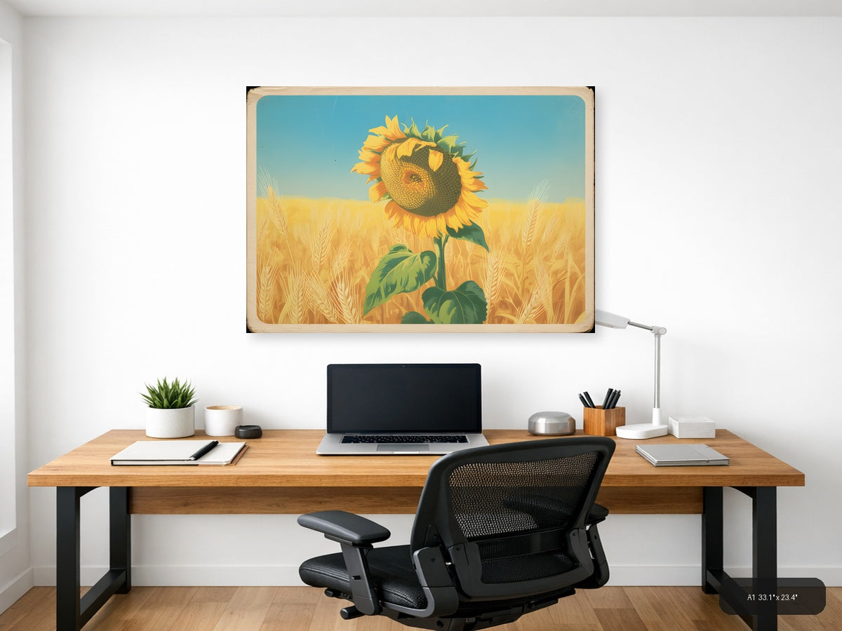 Vintage Sunflower in Wheat Field Landscape Wall Art — A1 / Office