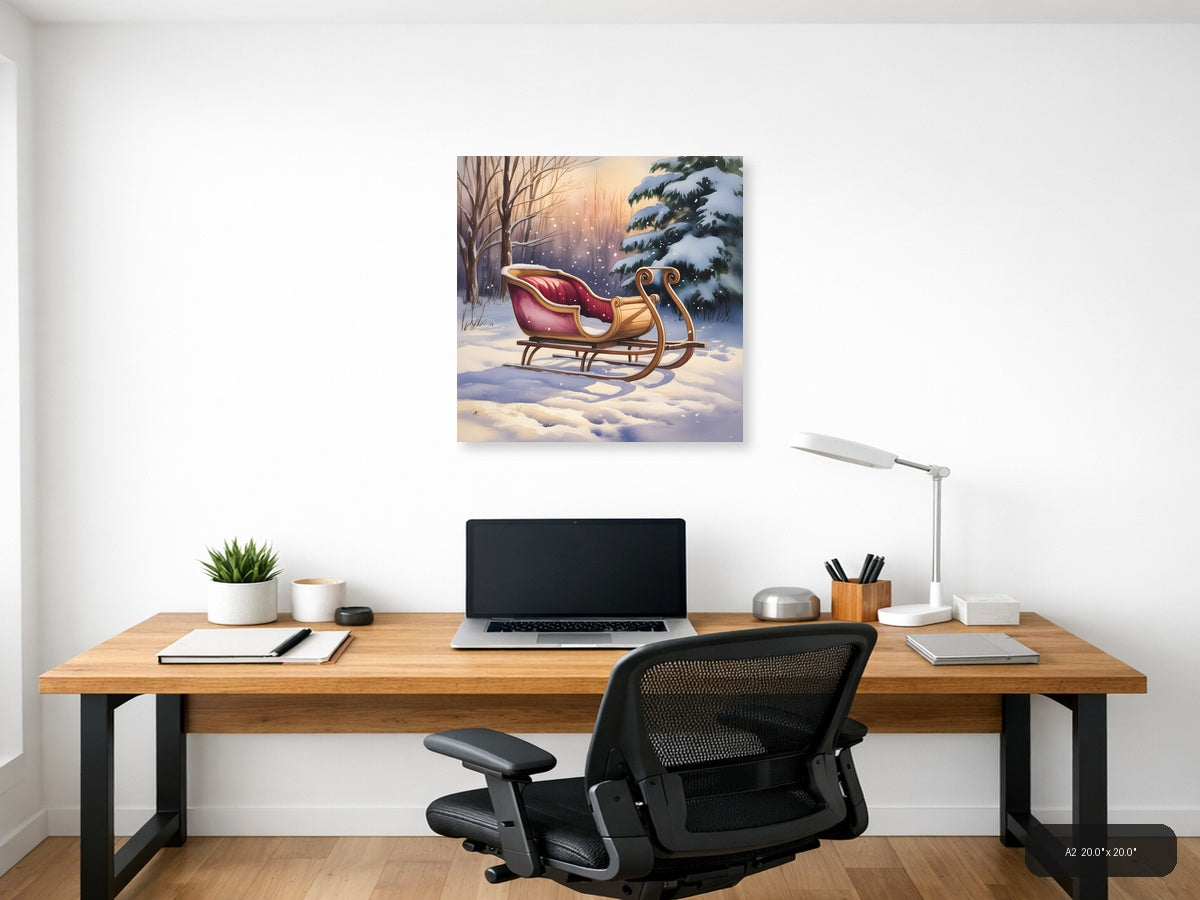 Santa's Sleigh Winter Forest Watercolor Wall Art — A2 / Office