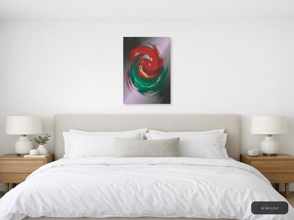 Red and Green Swirl Abstract Gold Accent Wall Art — A2 / Bedroom