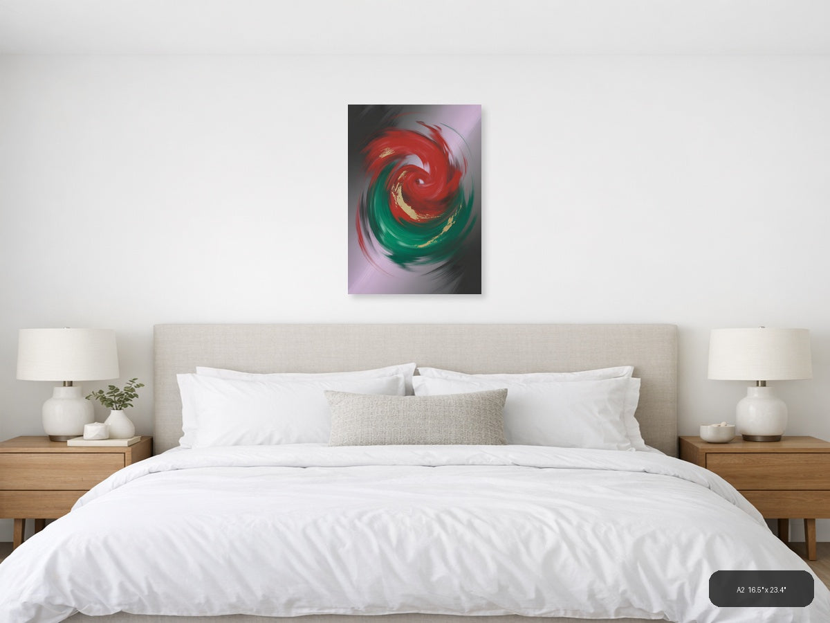 Red and Green Swirl Abstract Gold Accent Wall Art — A2 / Bedroom