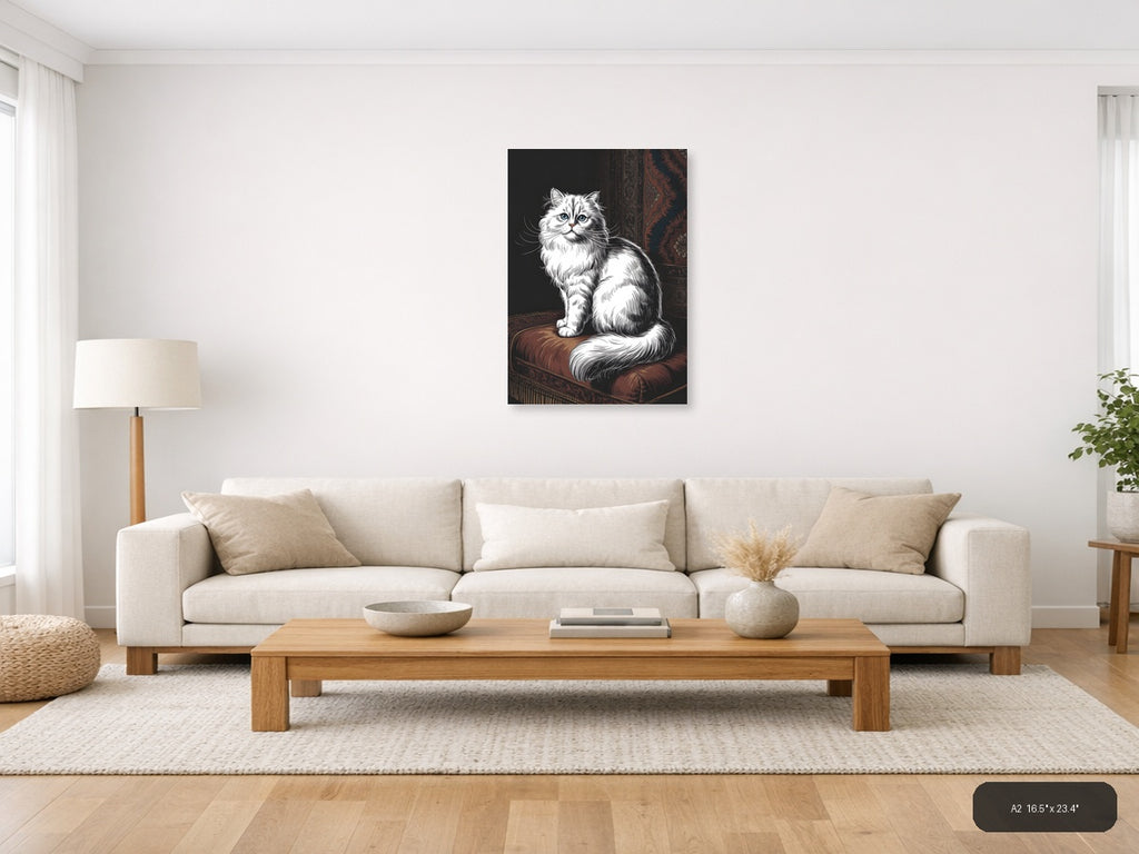 Fluffy White Cat Line Art Portrait Wall Art — A2 / Living Room