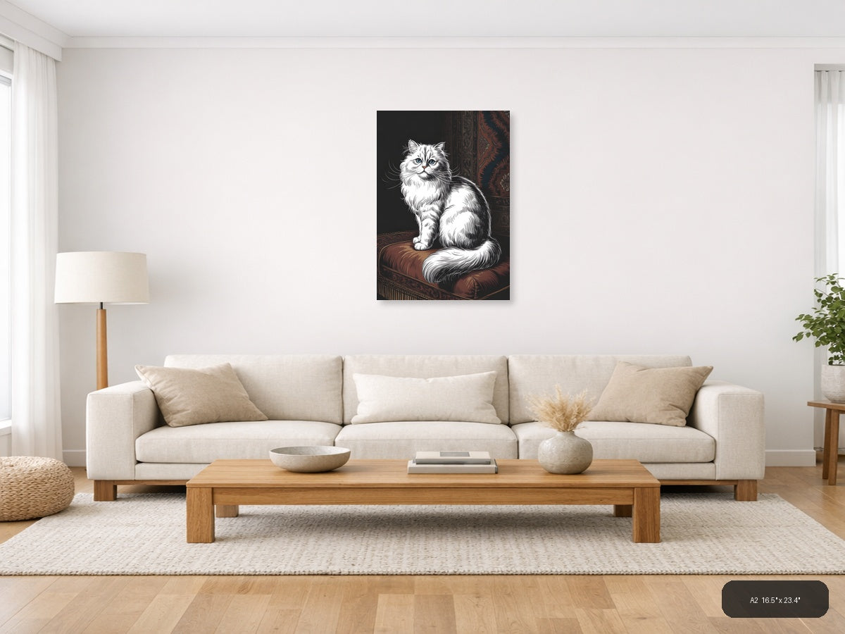 Fluffy White Cat Line Art Portrait Wall Art — A2 / Living Room