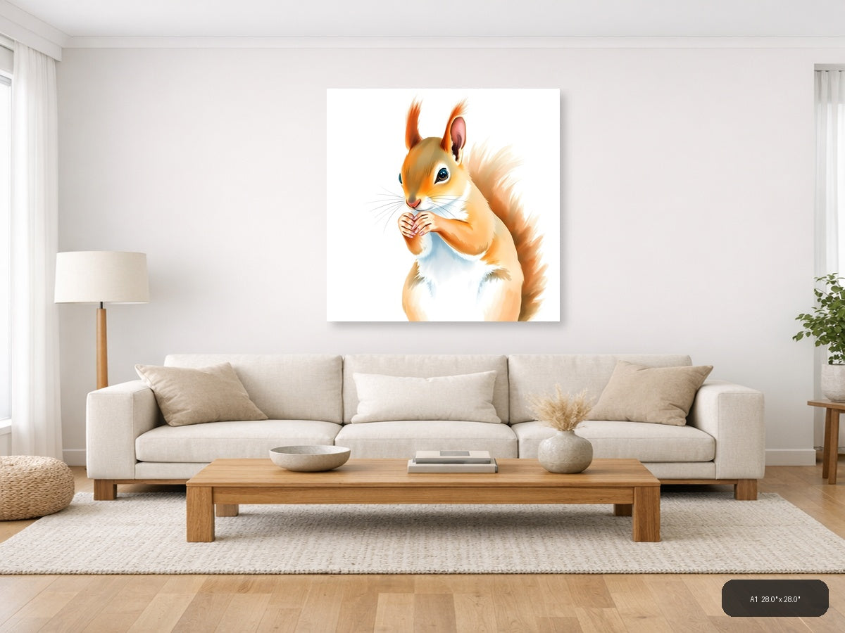 Playful Squirrel Watercolor Wall Art - Orange & Cream — A1 / Living Room