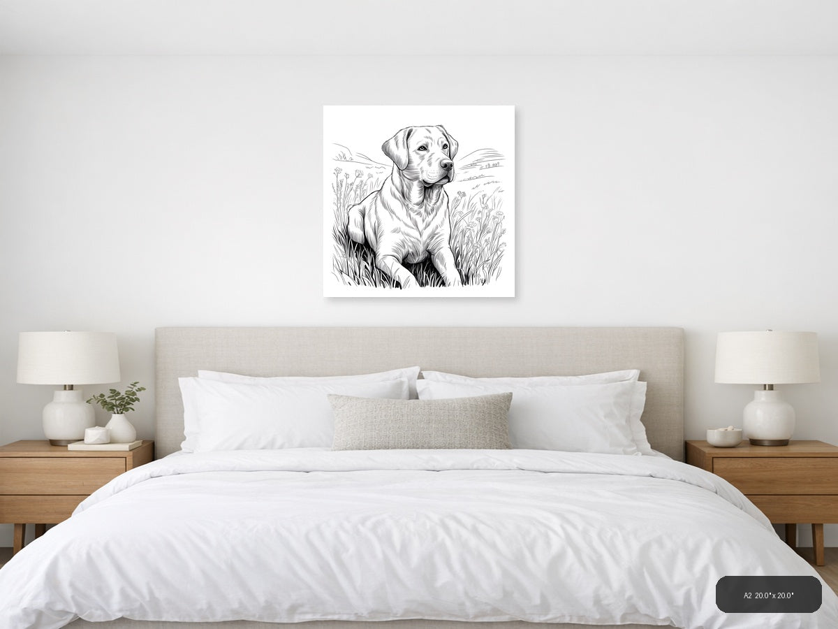 Labrador Retriever in Wildflower Field Line Art Wall Art — A2 / Bedroom