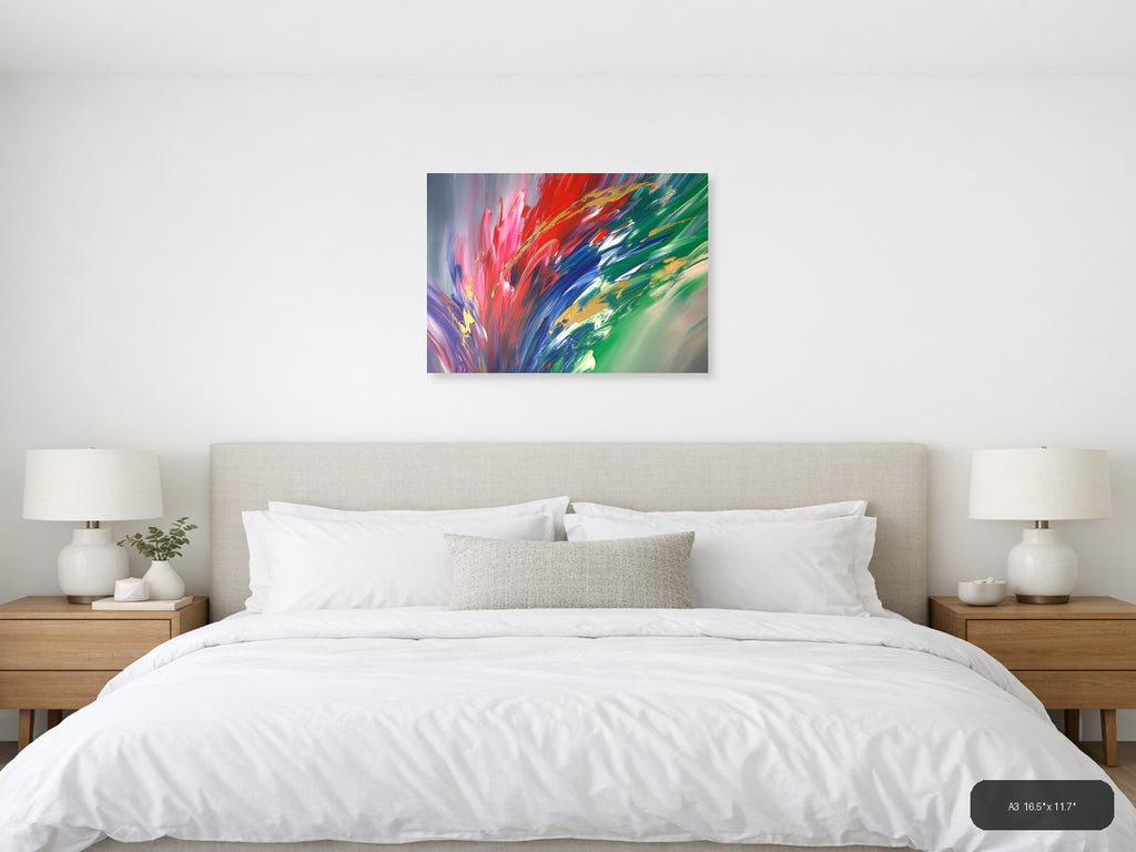 Vibrant Abstract Explosion: Pink, Red & Green Wall Art — A3 / Bedroom