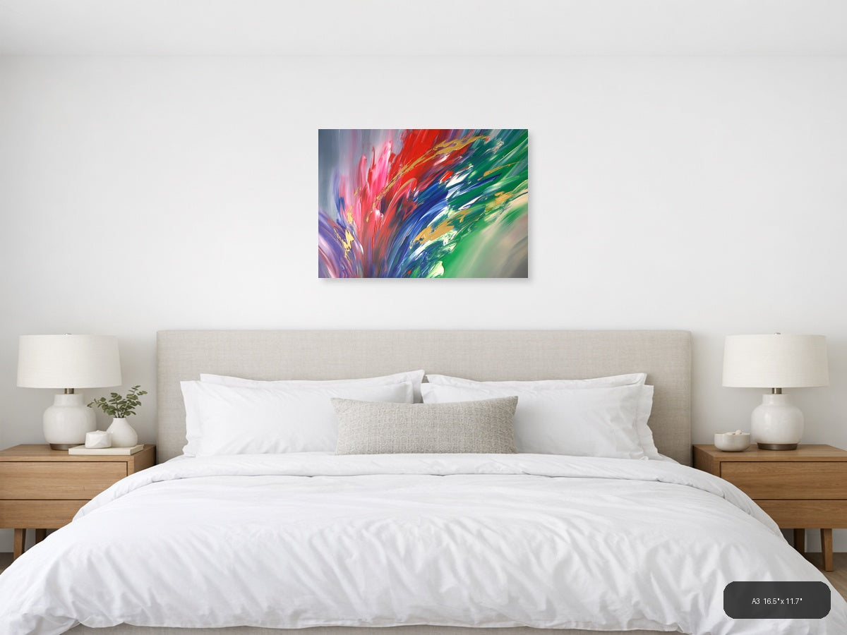 Vibrant Abstract Explosion: Pink, Red & Green Wall Art — A3 / Bedroom