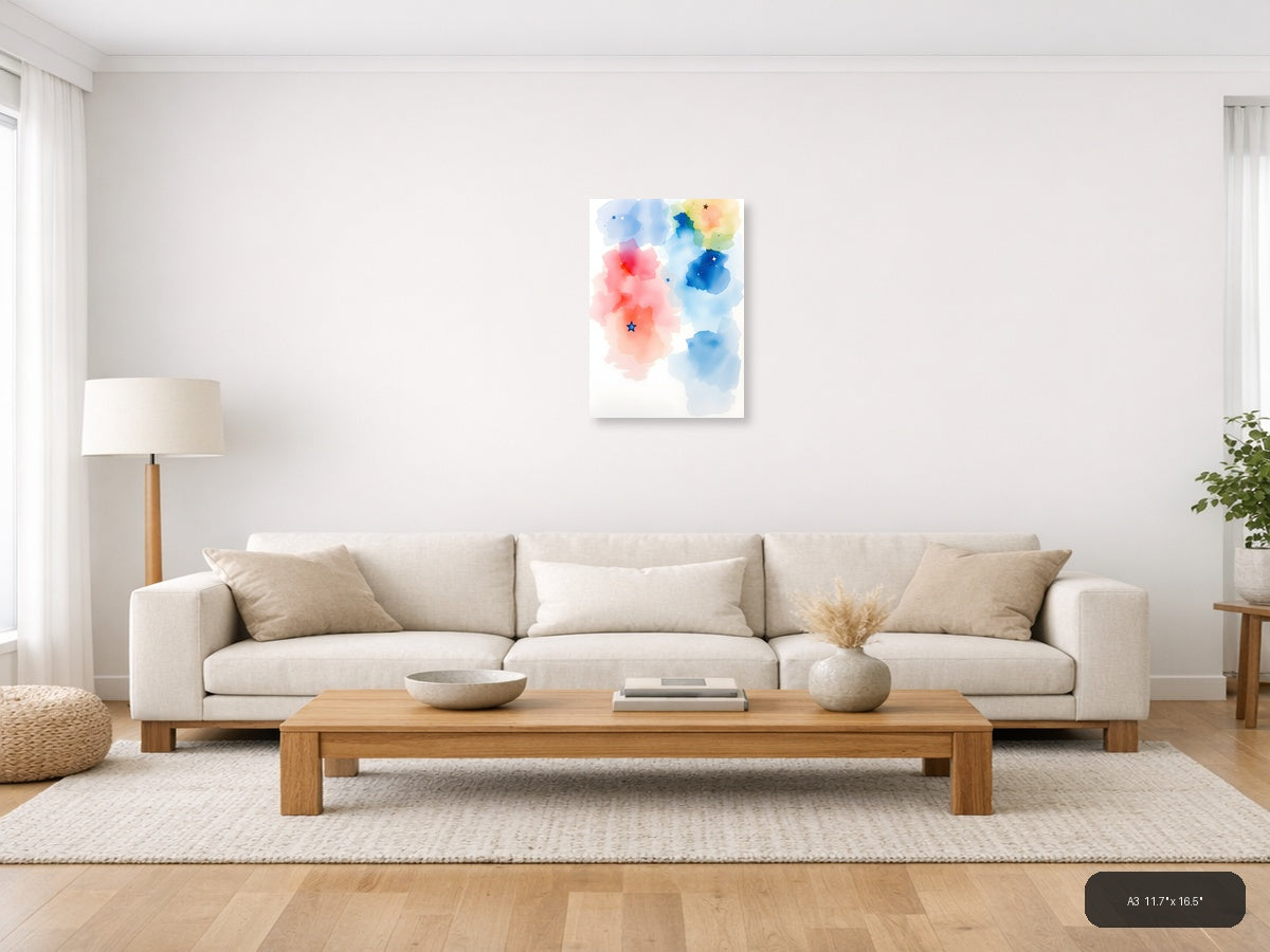 Abstract Watercolor Map with Stars Wall Art — A3 / Living Room