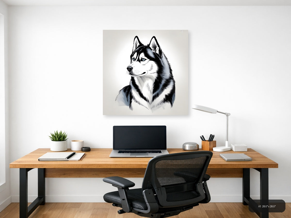 Husky Dog Portrait Line Art Black and White Wall Art — A1 / Office