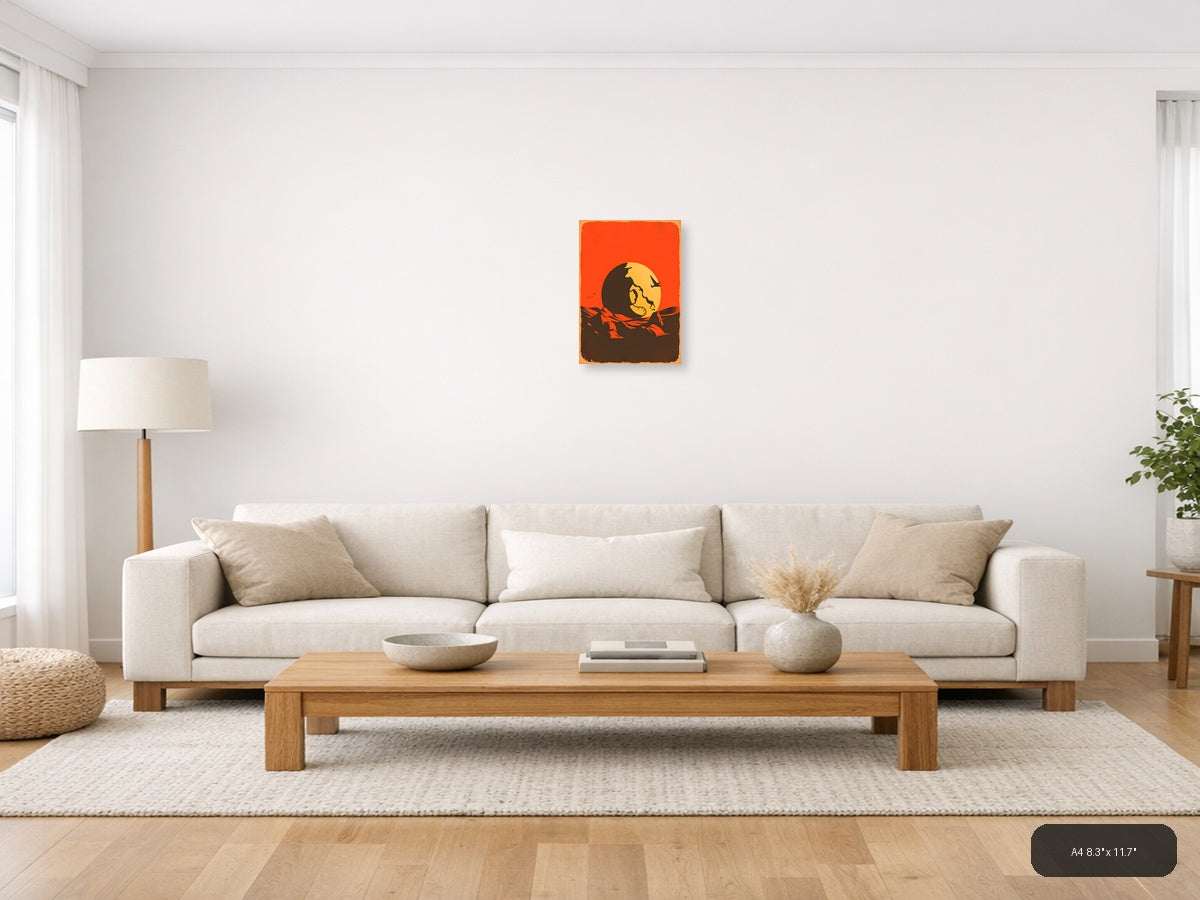 Vintage Moon Face Sunset Silhouette Wall Art — A4 / Living Room