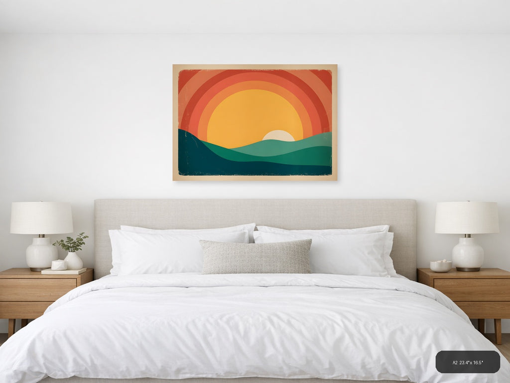 Vintage Retro Sunset Landscape Illustration Wall Art — A2 / Bedroom