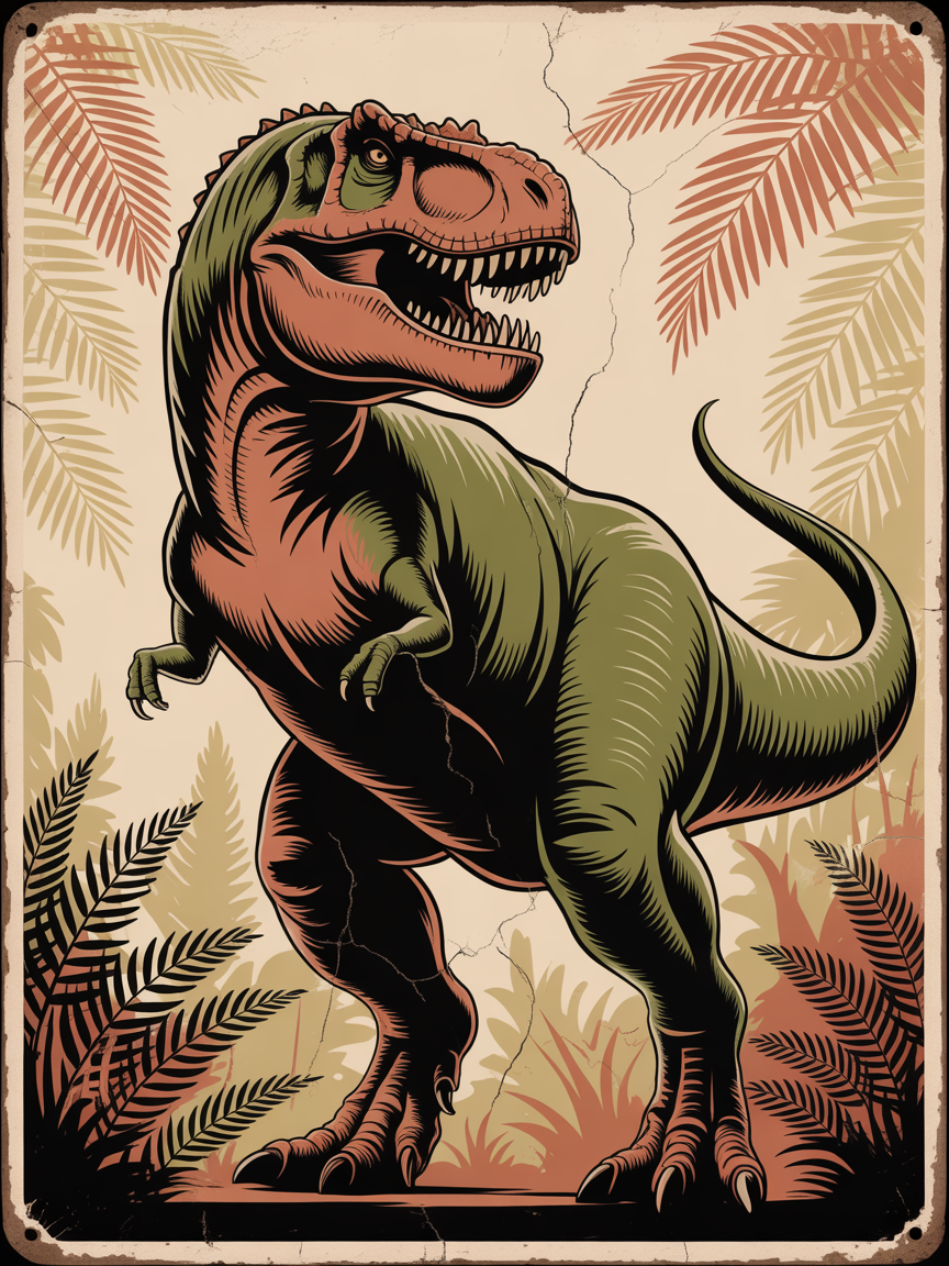 Vintage T-Rex Dinosaur Tropical Fern Wall Art