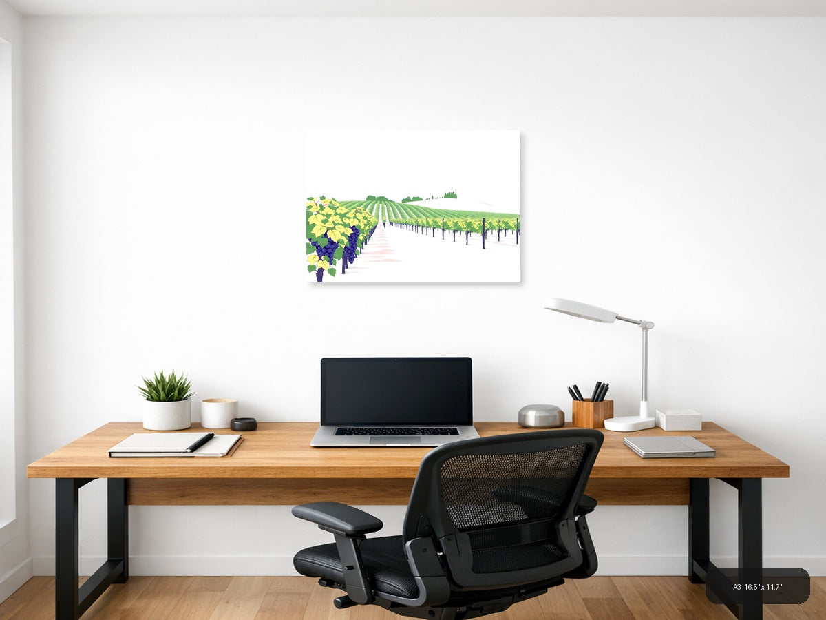Minimalist Vineyard Landscape with Purple Grapes Wall Art — A3 / Office